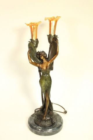 Paul L.  Besson Libellule Dragonfly Fairy Bronze Art Glass Lamp Sculpture Signed