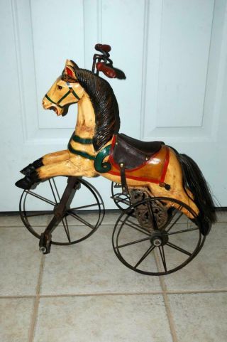 Vintage Antique Carved Wood Ride - On Childs Toy Horse On Wheels Tricycle