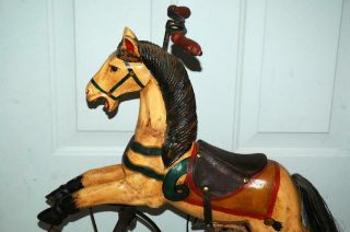 Vintage Antique Carved Wood Ride - On Childs Toy Horse on Wheels Tricycle 2