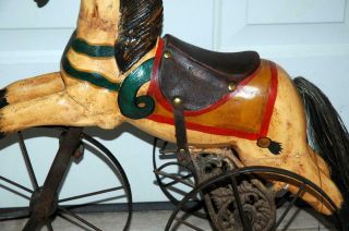 Vintage Antique Carved Wood Ride - On Childs Toy Horse on Wheels Tricycle 3