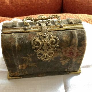 Antique 19th C French Victorian Printed Velvet Figural Purse Case Box Sewing