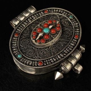 Tibet Tibetan Silver Filigree Inlay Turquoise Gem Jewelry Storage Box Boxes C02a