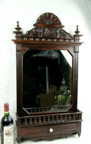 Antique French Wood Carved Mirror With Drawer 1900 Porcelain Knob Rare