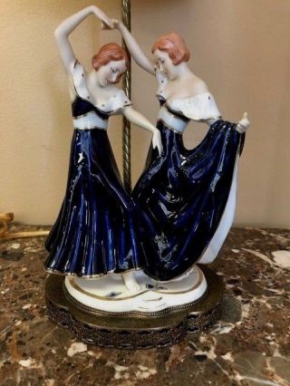 Royal Dux? Art Deco Elly Strobach Dancing Ladies In Blue Double Figurine / Lamp