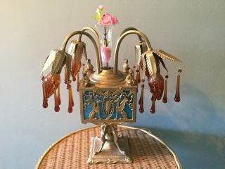 Antique Egyptian Revival Lamp Vase 1920’s Blue Slag Glass Panels Filagree Metal
