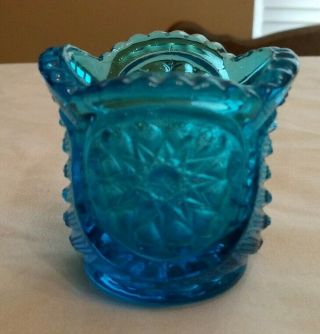 Vintage L E Smith Blue Glass Ringed Star Toothpick Holder