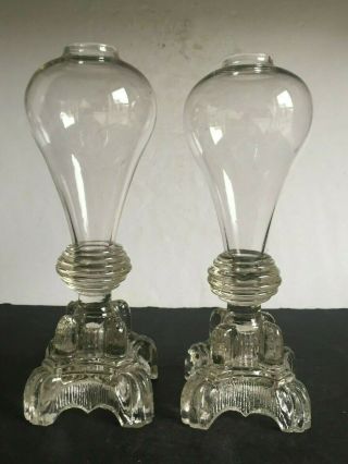 Rare Pair Early American Blown Glass Font Pressed Lacy Base Whale Oil Lamps 1830