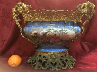 Sevres Porcelain Dore Gilt Bronze Ormolu Centerpiece Bowl Blue Huge 15”x19”