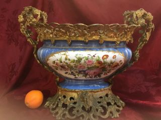 Sevres Porcelain Dore Gilt Bronze Ormolu Centerpiece Bowl Blue Huge 15”x19” 2