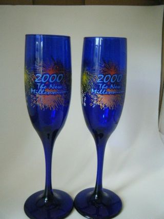 Cobalt Blue Champagne Flute Glass Year 2000 Millennium Wine Libbey Set Of 2