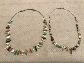 2 Vintage Zuni Native American Carved Stone Animals Fetish Necklaces Turquoise &