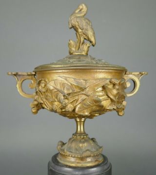 Fine Antique c 19th French Aesthetics Cast Bronze Foliage & Lidded Crane Urn 2 3