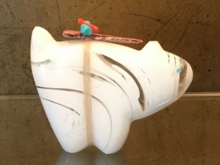 Stunning White Glass Bobcat W/ Gifts Zuni Fetish Carving By Leland Boone 2005