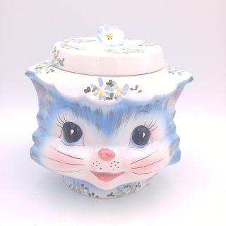 Vintage Lefton Miss Priss Cat Head Cookie Jar - Blue Flowers - 1502