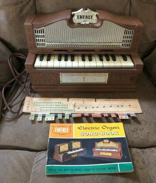 Vintage Emenee 1950s Electric Golden Pipe Organ Model 200 W/ Song Book Key Chart
