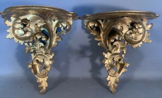 Antique Italian Rococo Old Gilt Floral Carved Wood Acanthus Corbel Wall Shelf