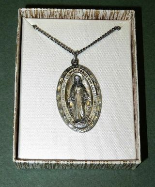 Large Vint Sterling Silver Religious Pendant Virgin Mary Gift Box W/ Orig.  Chain