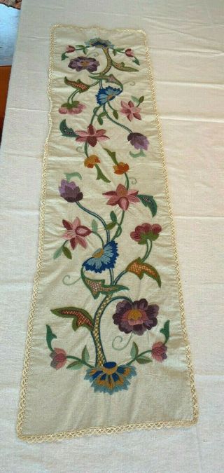 Vintage Antique Jacobean Crewel Embroidery Long Table Runner Nubby Linen Rare