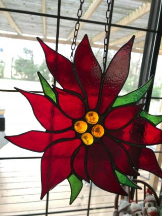 Red Poinsettia Vintage Leaded Stained Glass Suncatcher Christmas 9 " X 10 "
