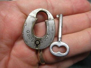 Rare Old Brass Horseshoe Shaped Miniature Padlock Lock With A Key.  N/r