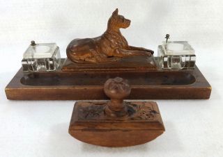 Antique Hand Carved Black Forest Great Dane Dog Desk Set With Inkwells