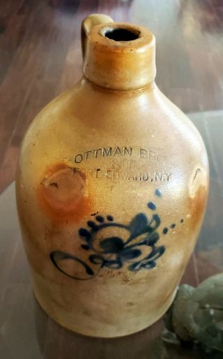 Antique Ca 1870 Ottman Bros Ft Edward Ny Slip Trailed Floral Design Jug Crock