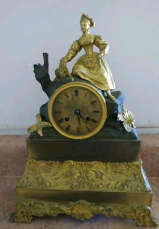 French Victorian Antique Gold Gilt Bronze Mantle Clock Empire 19c Girl Sheep