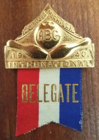 1940 American Bowling Congress Championships Delegate Brass Pin & Ribbon