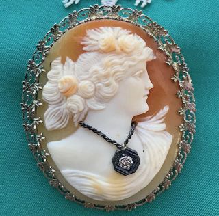 Antique Vintage 14k White Gold Diamond Cameo Carved Shell Pin Pendant