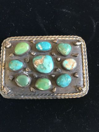 Vintage Sterling Silver Navajo Belt Buckle With Turquoise Stones 68 Grams
