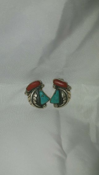 Vintage Navajo Sterling Silver Turquoise & Coral Earrings Clip - On Feather Design
