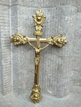 Antique Vintage Ornamental Bronze Inri Cross Crucifix Jesus Christ Wall Hanging