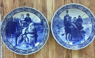 2 Large Antique Blue Delft Platters.  Blue And White Horse Plates Buggy