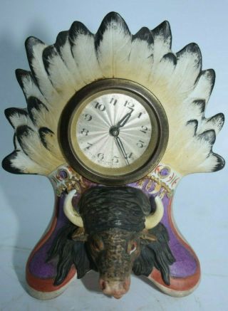 Antique Ernst Bohne Sohne American Indian Clock Porcelain Pottery Germany