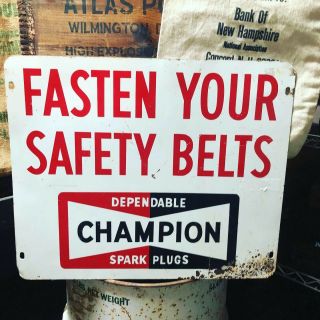 Vintage Double Sided Champion Spark Plug Racetrack Sign " Fasten Your Seat Belts "
