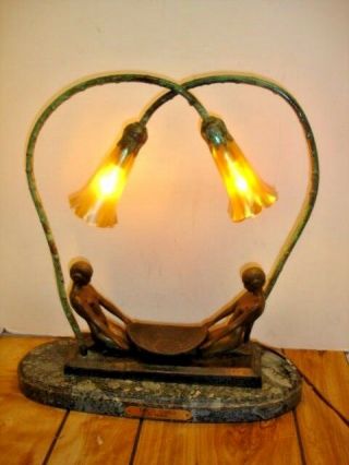 ART DECO GIRLS LAMP By Fayral - BRONZE NUDE DOUBLE GOLD ' Lily ' ART GLASS SHADES 2