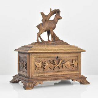 Antique Brienz Carved Wood Trinket Box Jewelry Casket Black Forest Figural Buck 3