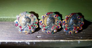 Stunning Hand Painted Enamel & Brass Set Of 3 Buttons Antique Vintage ? Colorful