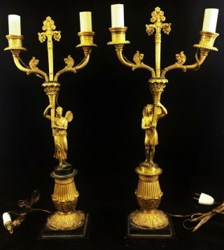 Pair Antique 18th 19th C French Empire Gilt Bronze Figure Lamps Fairy Candelabra