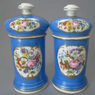 Pr Antique 19thc 11 " French Old Paris Hp Porcelain Apothecary Jars Floral Scenes