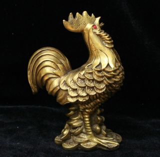 Old Chinese Brass Lucky Yuan Bao Wealth 12 Zodiac Year Rooster Cock Statue