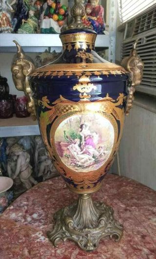 Vintage Sevres Style French Porcelain And Brass Gilded Urn.