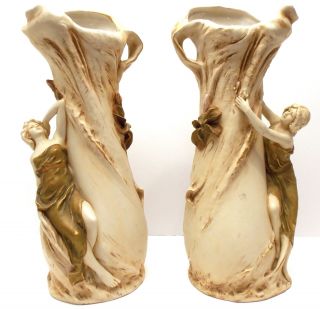Royal Dux Set 2 Authentic Mid Century Art Nouveau Figural Vases Exquisite
