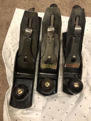 3 Vintage Stanley Smooth Bottom Planes No.  3 No.  4 & No.  5.  Made In The Usa.