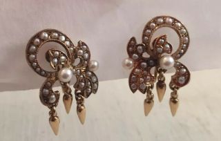 Pair Antique Victorian 14k Gold & Pearl Earrings Floral & Drops Screw Back