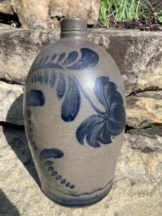 Western Pa Cobalt Freehand Decorated Flower Stoneware Jug