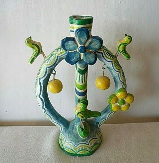 A Mexican Pottery Folk Art Tree Of Life Candle Holder Birds And Flower Petals