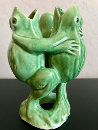 Vintage 3 Singing & Dancing Green Frogs Porcelain Vase