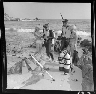 Vtg 1960 Photo Film Negative Beach Couples Scuba Diver Gear Speargun Aqua Lung—1