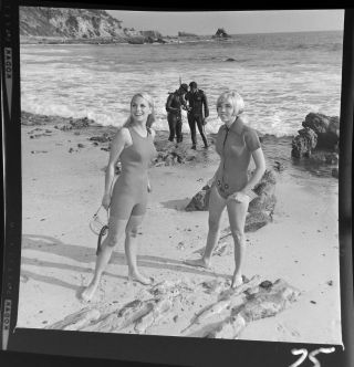 Vtg 1960 Photo Film Negative Beach Couples Scuba Diver Gear Wetsuits Aqua Lung—1